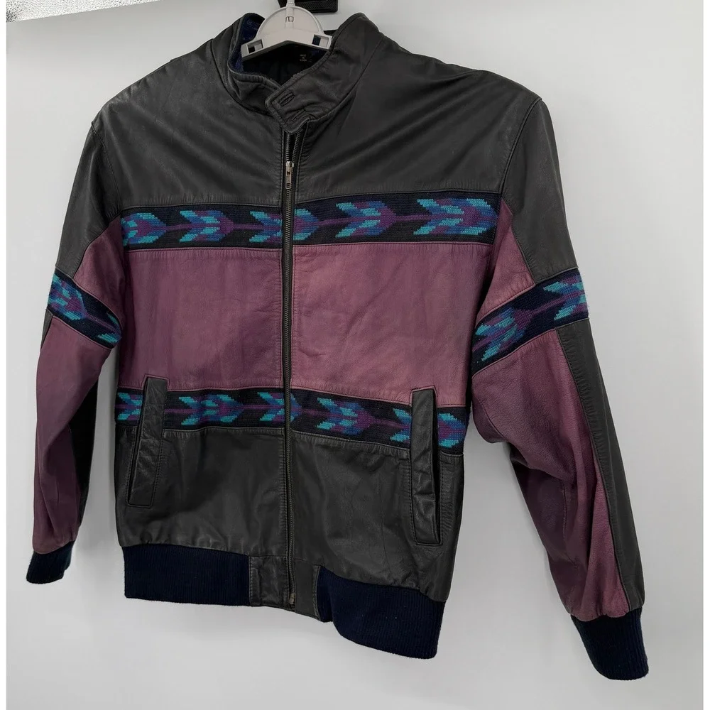 Adler Vintage Leather Bomber Jacket Purple Black Southwestern Woven Mens Large